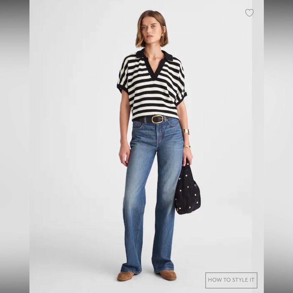 Madewell Relaxed V-Neck Polo Shirt in Stripe Green Size XS - Picture 6 of 13